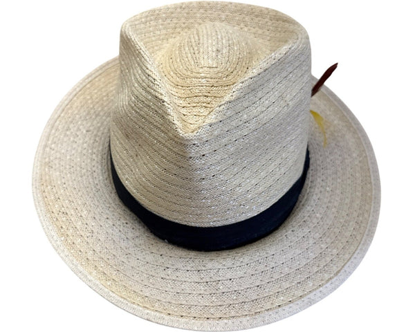 Vintage Park Plaza Straw Fedora Hat W/ Black Band & Feather Accent Size 6 7/8