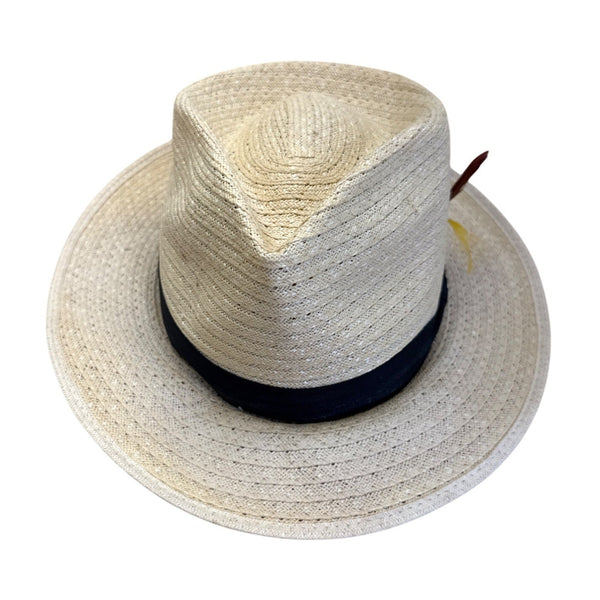 Vintage Park Plaza Straw Fedora Hat W/ Black Band & Feather Accent Size 6 7/8