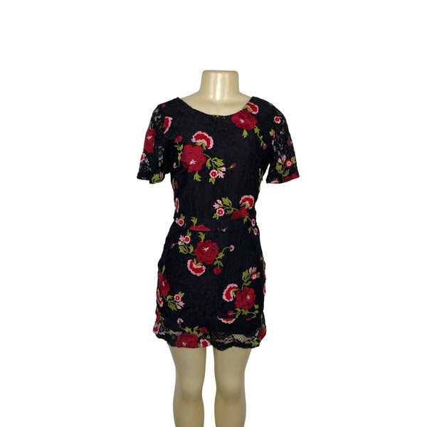 Oliveaceous Black Lace Mini Dress With Red Floral Embroidery & Open Back Sz M