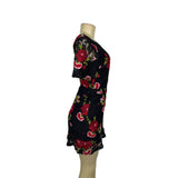 Oliveaceous Black Lace Mini Dress With Red Floral Embroidery & Open Back Sz M