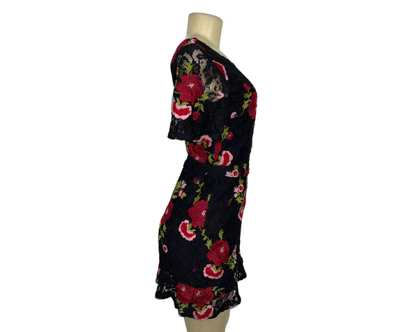 Oliveaceous Black Lace Mini Dress With Red Floral Embroidery & Open Back Sz M