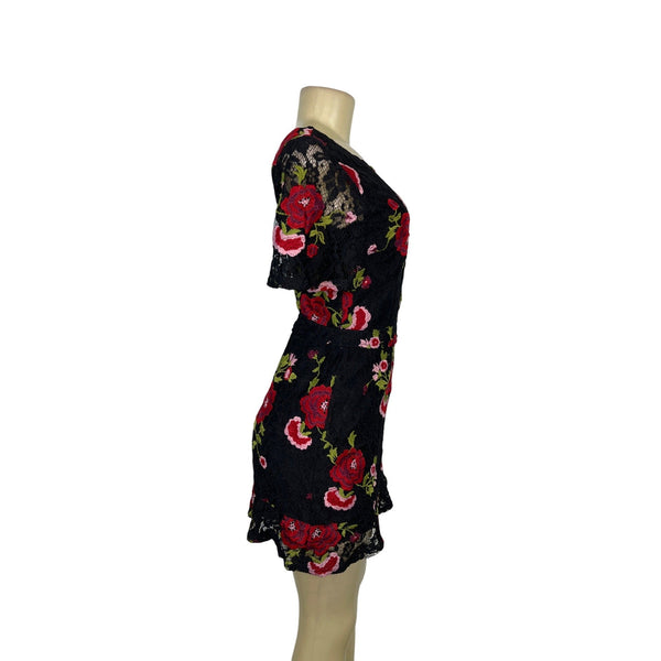Oliveaceous Black Lace Mini Dress With Red Floral Embroidery & Open Back Sz M