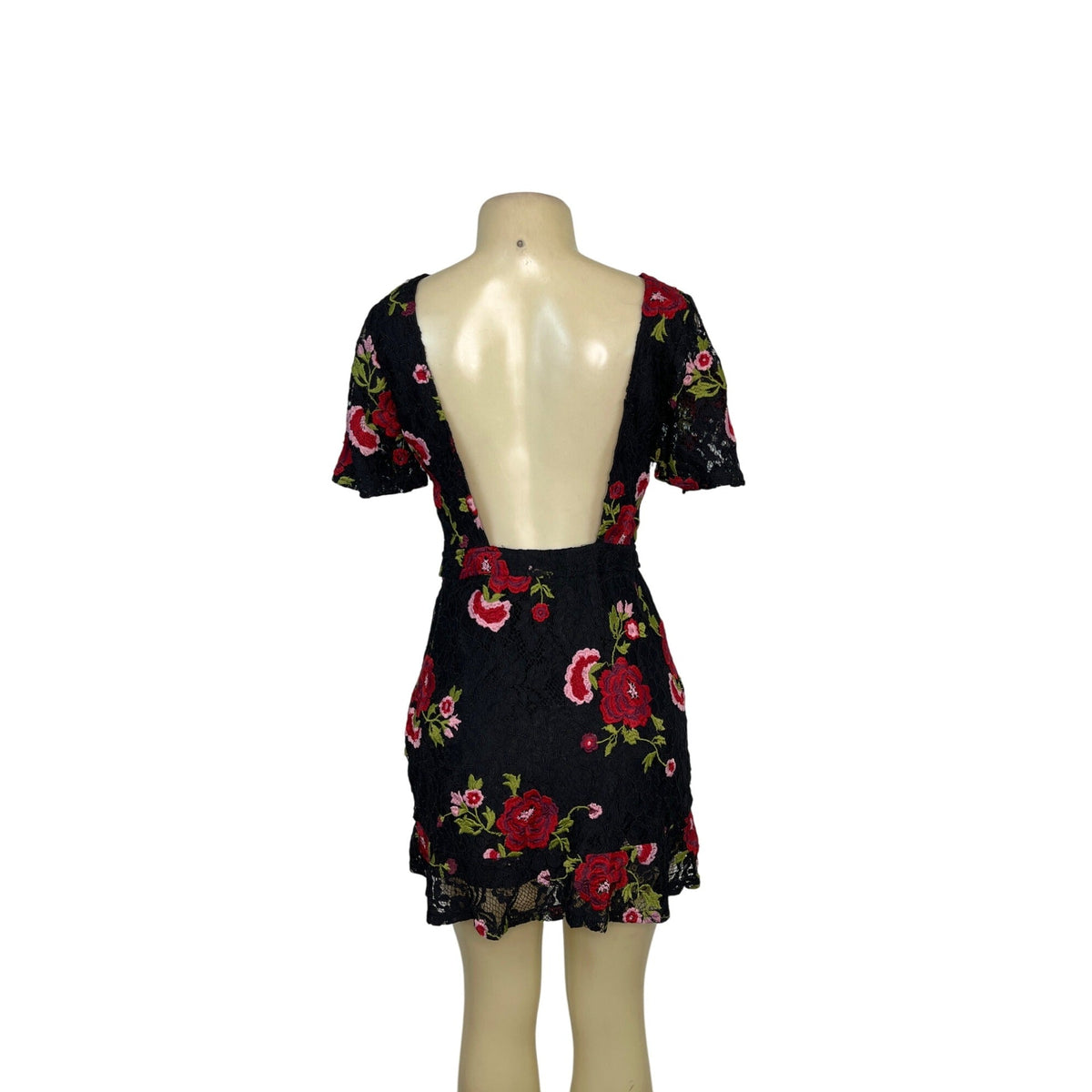 Oliveaceous Black Lace Mini Dress With Red Floral Embroidery & Open Back Sz M