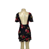 Oliveaceous Black Lace Mini Dress With Red Floral Embroidery & Open Back Sz M