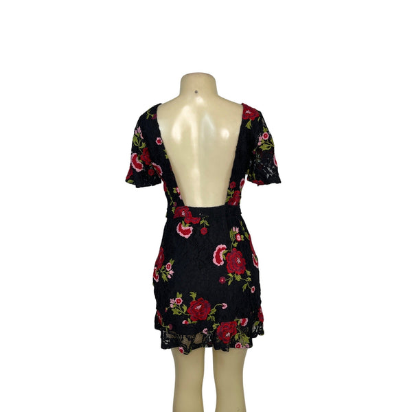 Oliveaceous Black Lace Mini Dress With Red Floral Embroidery & Open Back Sz M