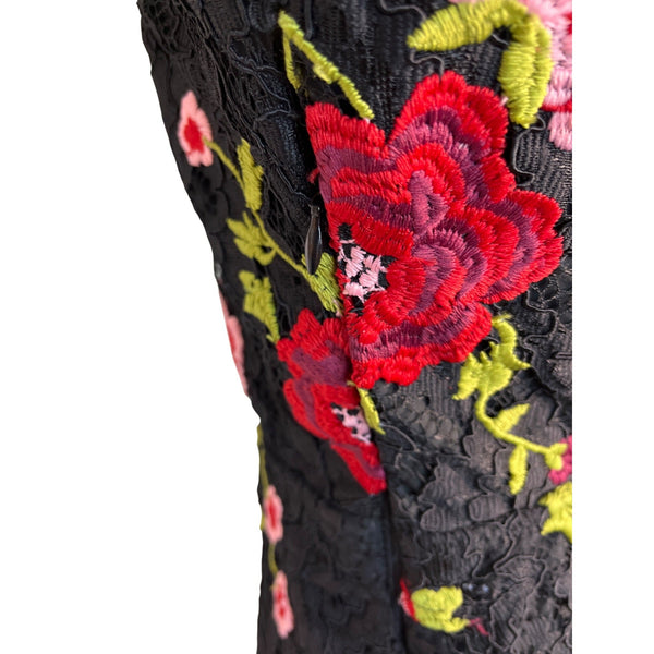 Oliveaceous Black Lace Mini Dress With Red Floral Embroidery & Open Back Sz M