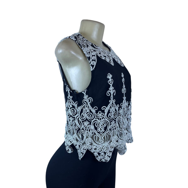 Design Lab Women's Black Embroidered Lace Tank Top Peter Pan Collar Size S