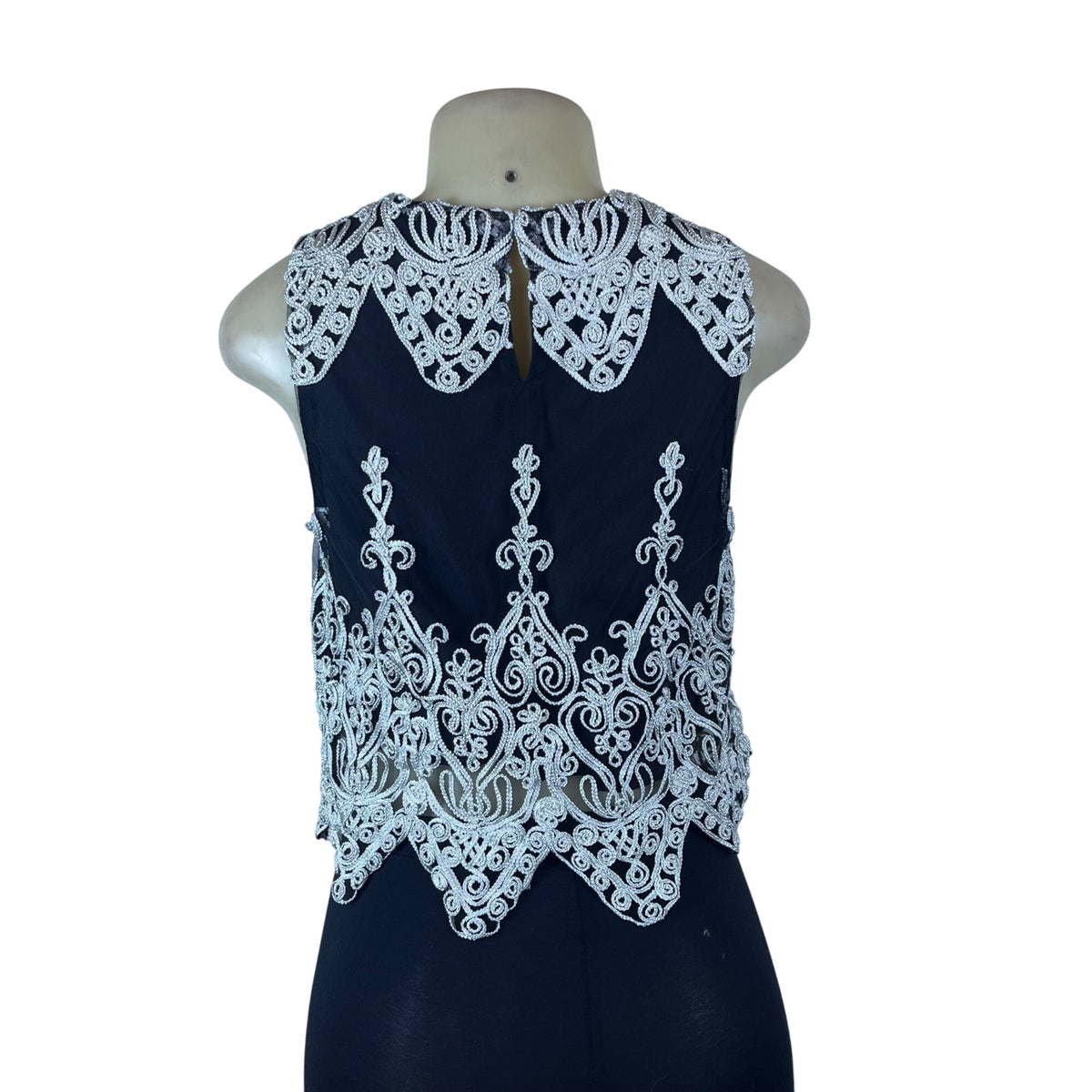 Design Lab Women's Black Embroidered Lace Tank Top Peter Pan Collar Size S