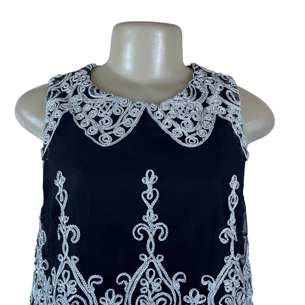 Design Lab Women's Black Embroidered Lace Tank Top Peter Pan Collar Size S