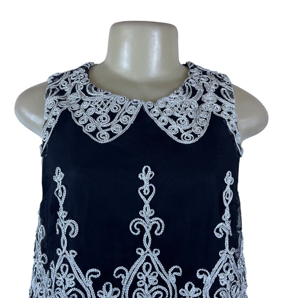 Design Lab Women's Black Embroidered Lace Tank Top Peter Pan Collar Size S
