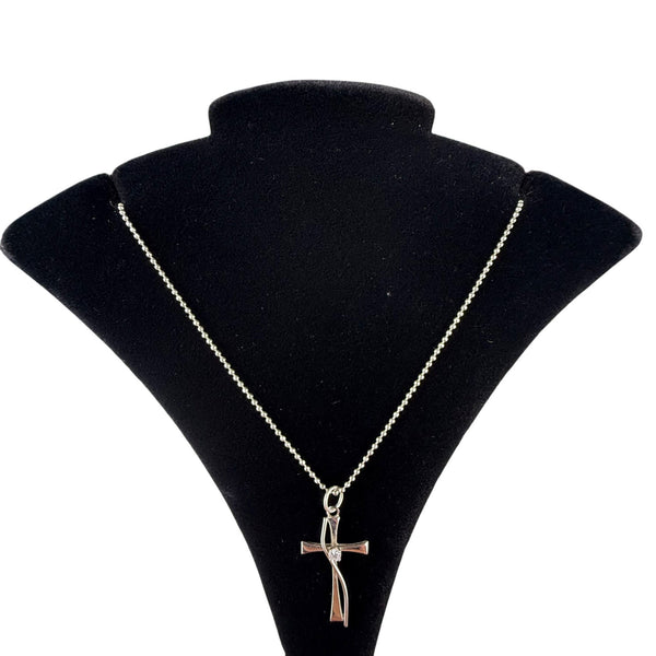 925 Sterling Silver Cross Pendant With Diamond Accent Chain Necklace 16” Lobster Clasp