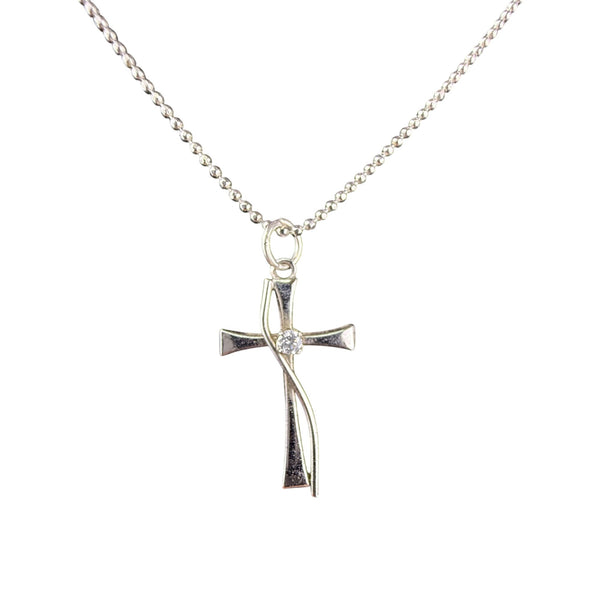 925 Sterling Silver Cross Pendant With Diamond Accent Chain Necklace 16” Lobster Clasp