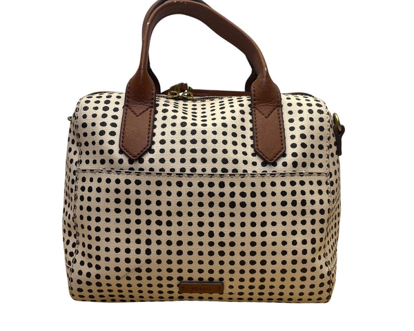 Fossil Women’s White/Black Polka Dot With Brown Handles Duffel Satchel Tote