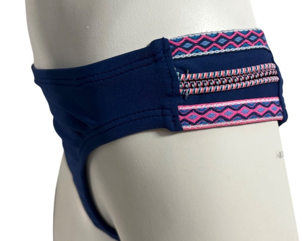 Cole Of California Embellished Bikini Bottom Navy Blue Zigzag Trim Size S- NEW