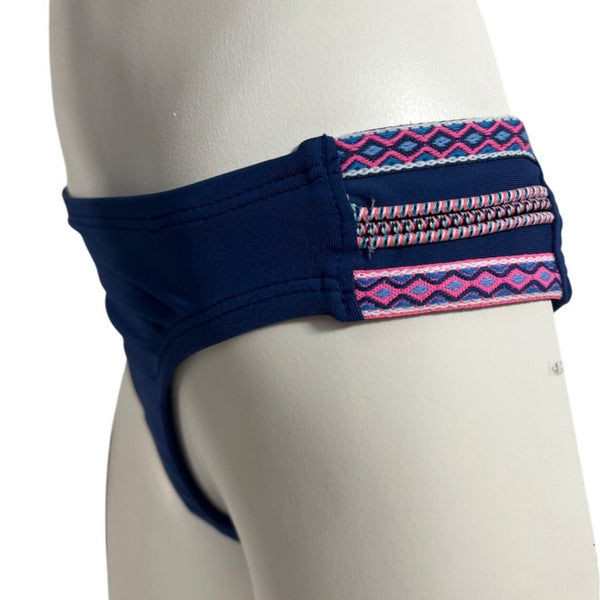 Cole Of California Embellished Bikini Bottom Navy Blue Zigzag Trim Size S- NEW