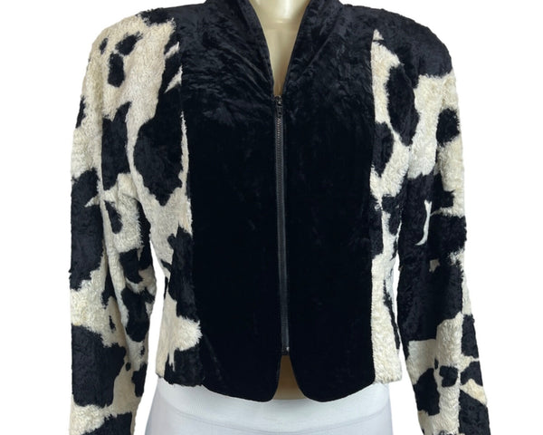 Eiffel Women's Black & White Cow Print Faux Fur Jacket Fuzzy Long Slleeve Sz M/L