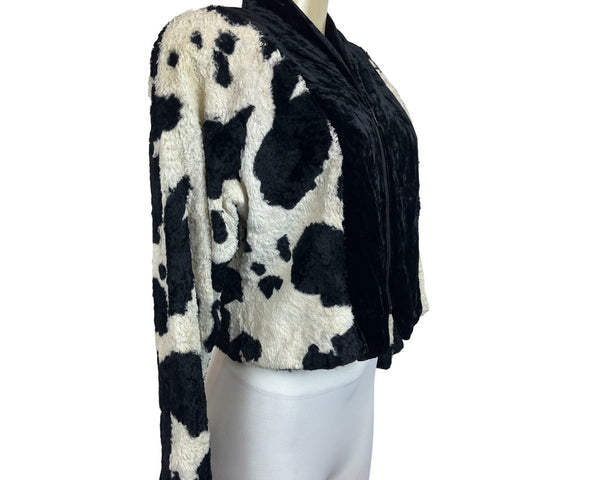 Eiffel Women's Black & White Cow Print Faux Fur Jacket Fuzzy Long Slleeve Sz M/L