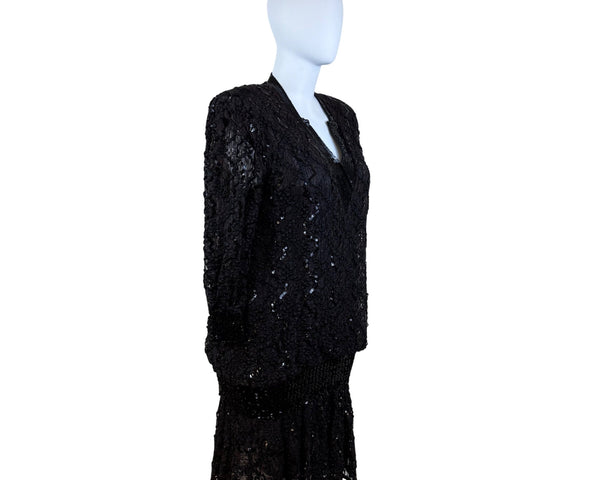 Damianou Black Lace Sequin Womens Long Sleeve Dress V-Neck Elegant Sz XL