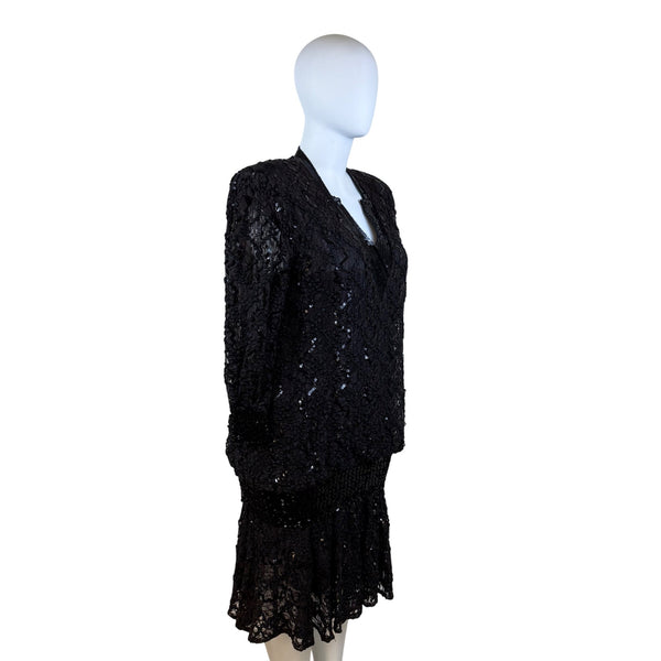 Damianou Black Lace Sequin Womens Long Sleeve Dress V-Neck Elegant Sz XL