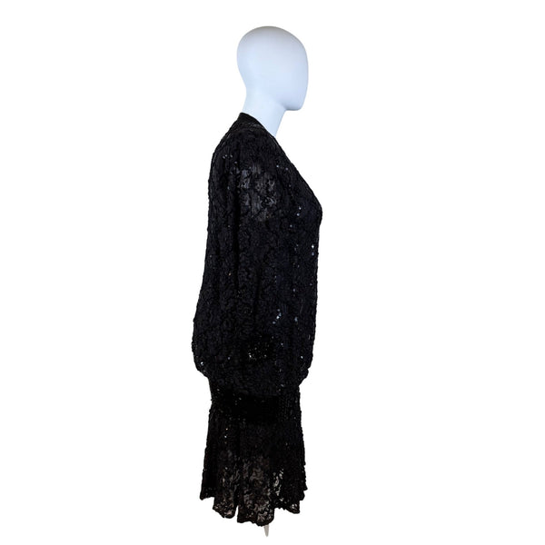 Damianou Black Lace Sequin Womens Long Sleeve Dress V-Neck Elegant Sz XL