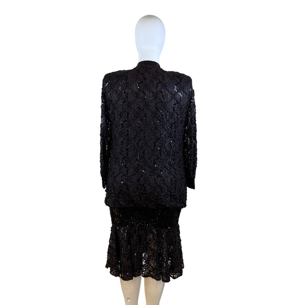 Damianou Black Lace Sequin Womens Long Sleeve Dress V-Neck Elegant Sz XL