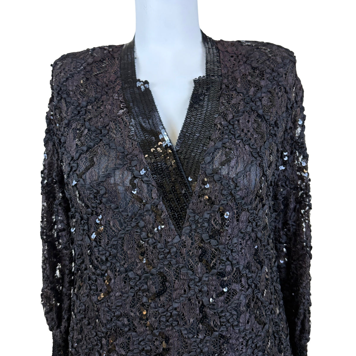 Damianou Black Lace Sequin Womens Long Sleeve Dress V-Neck Elegant Sz XL