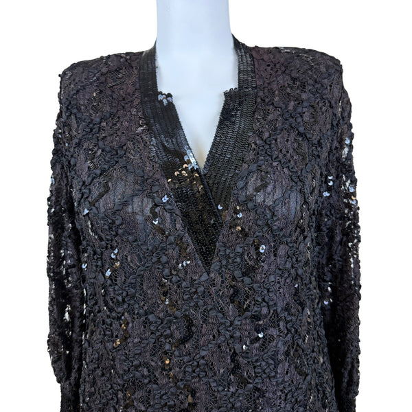 Damianou Black Lace Sequin Womens Long Sleeve Dress V-Neck Elegant Sz XL