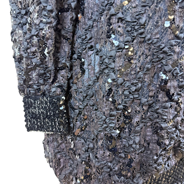 Damianou Black Lace Sequin Womens Long Sleeve Dress V-Neck Elegant Sz XL