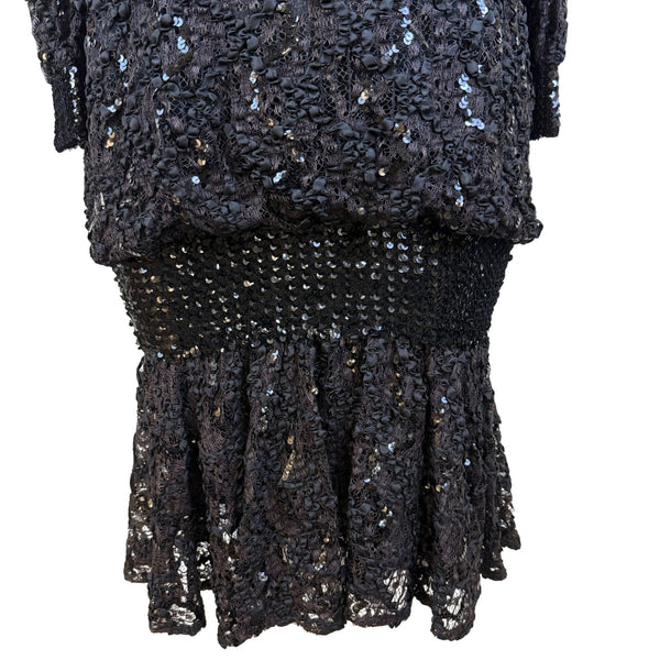 Damianou Black Lace Sequin Womens Long Sleeve Dress V-Neck Elegant Sz XL