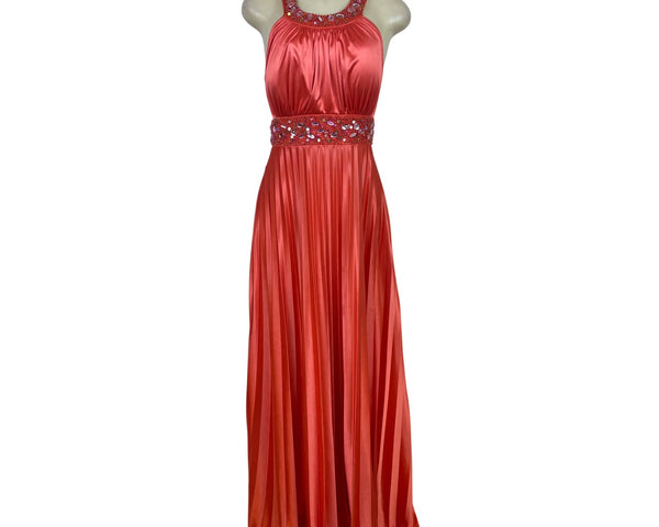 My Michelle Womens Red Satin Halter Evening Gown With Beaded Detailing Size XL