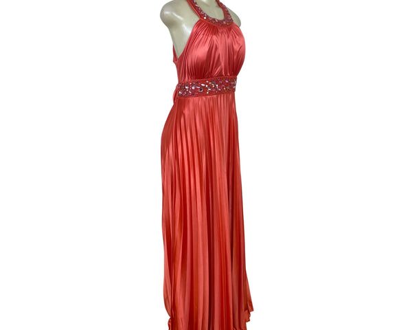 My Michelle Womens Red Satin Halter Evening Gown With Beaded Detailing Size XL