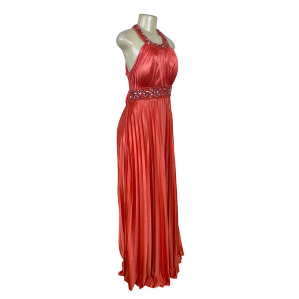 My Michelle Womens Red Satin Halter Evening Gown With Beaded Detailing Size XL