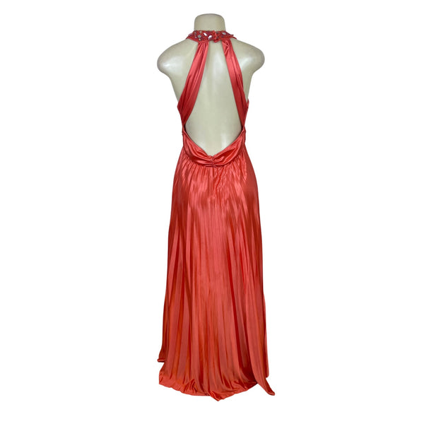 My Michelle Womens Red Satin Halter Evening Gown With Beaded Detailing Size XL
