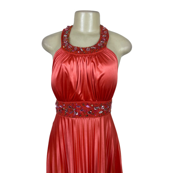 My Michelle Womens Red Satin Halter Evening Gown With Beaded Detailing Size XL