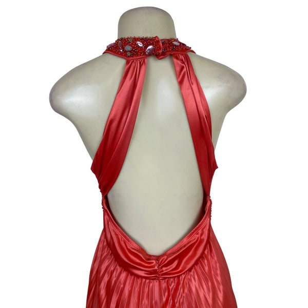My Michelle Womens Red Satin Halter Evening Gown With Beaded Detailing Size XL
