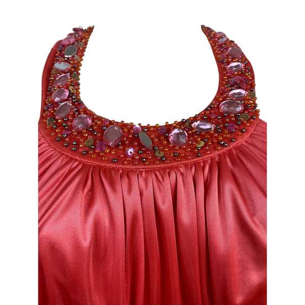 My Michelle Womens Red Satin Halter Evening Gown With Beaded Detailing Size XL