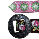 Vintage Hadley Pollet Embroidered Velvet Belt With Floral Design & Metal Buckle