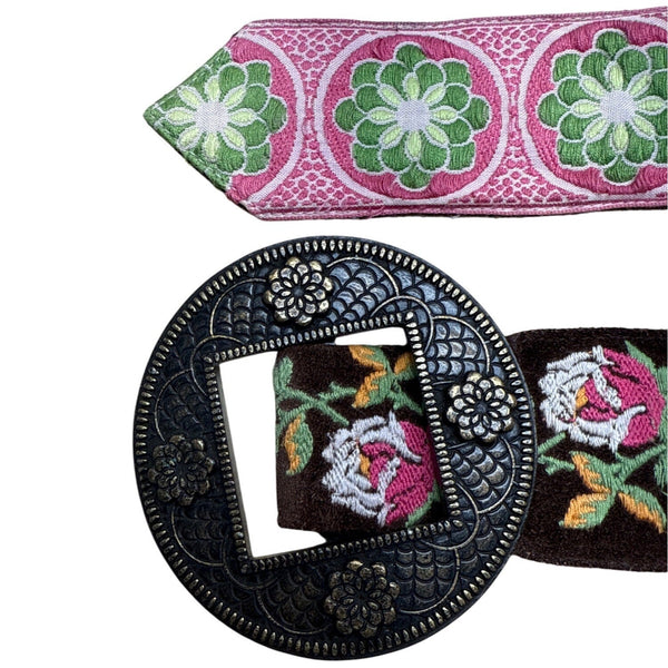 Vintage Hadley Pollet Embroidered Velvet Belt With Floral Design & Metal Buckle