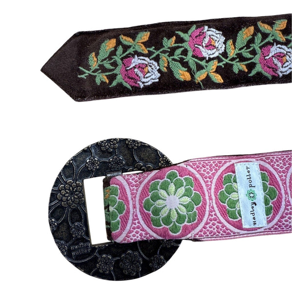 Vintage Hadley Pollet Embroidered Velvet Belt With Floral Design & Metal Buckle