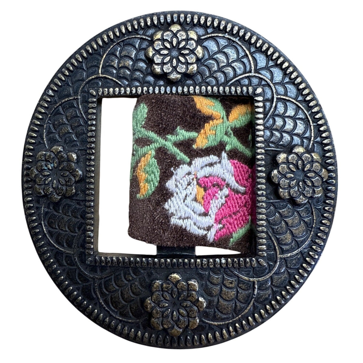 Vintage Hadley Pollet Embroidered Velvet Belt With Floral Design & Metal Buckle