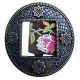 Vintage Hadley Pollet Embroidered Velvet Belt With Floral Design & Metal Buckle