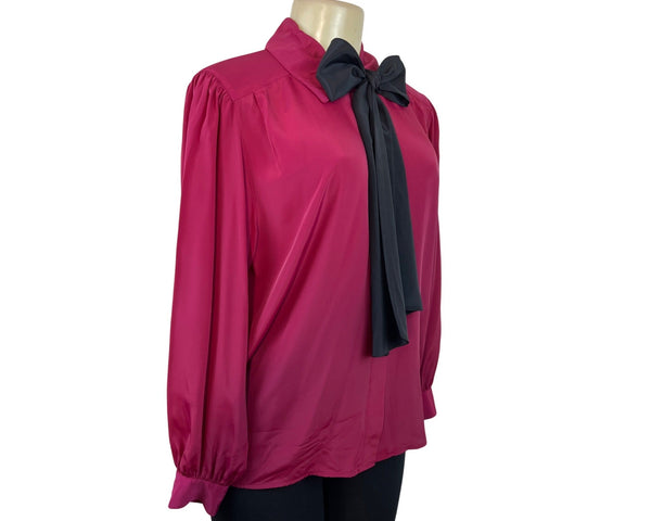Vintage-Inspired Long Sleeve Blouse W/ Black Bow Tie Neck By Josephine Size 6