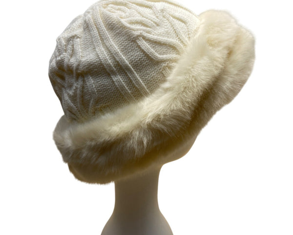 Parkhurst White Knit Winter Hat With Faux Fur Trim