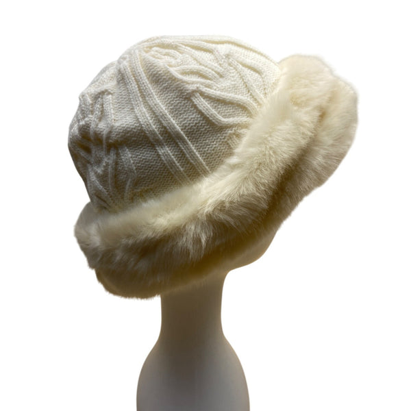 Parkhurst White Knit Winter Hat With Faux Fur Trim