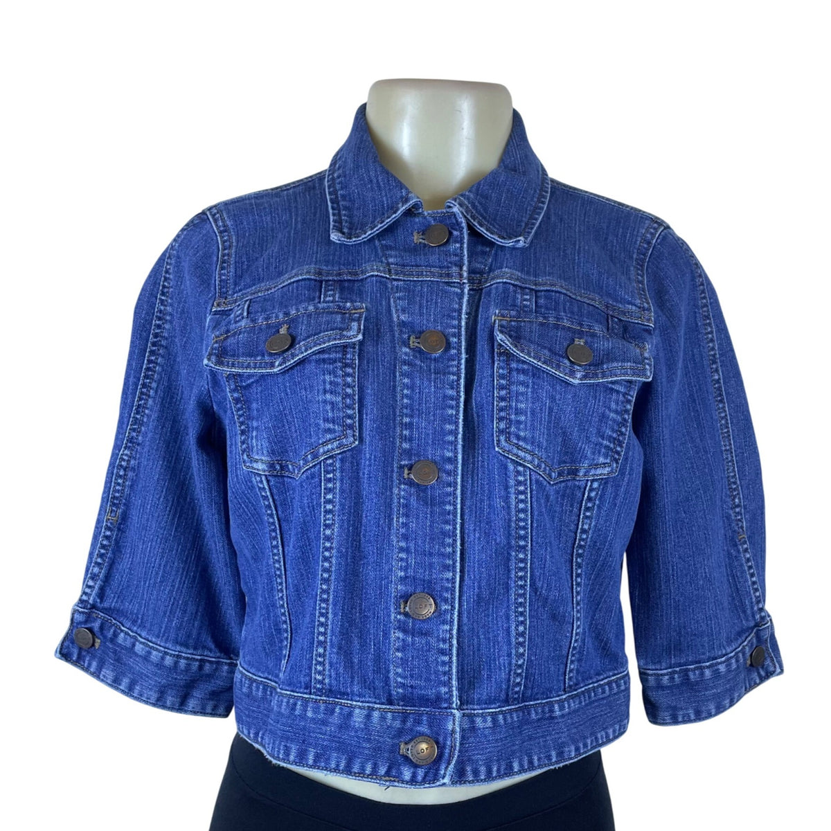 Loft Womens Medium Blue Denim Button Front Cropped Jacket 3/4 Sleeve Cotton