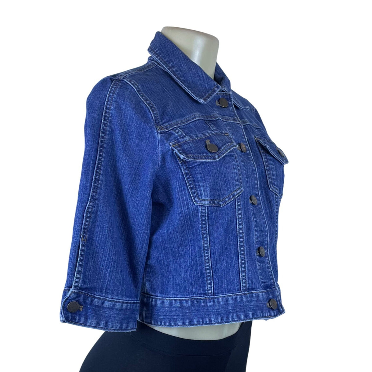 Loft Womens Medium Blue Denim Button Front Cropped Jacket 3/4 Sleeve Cotton