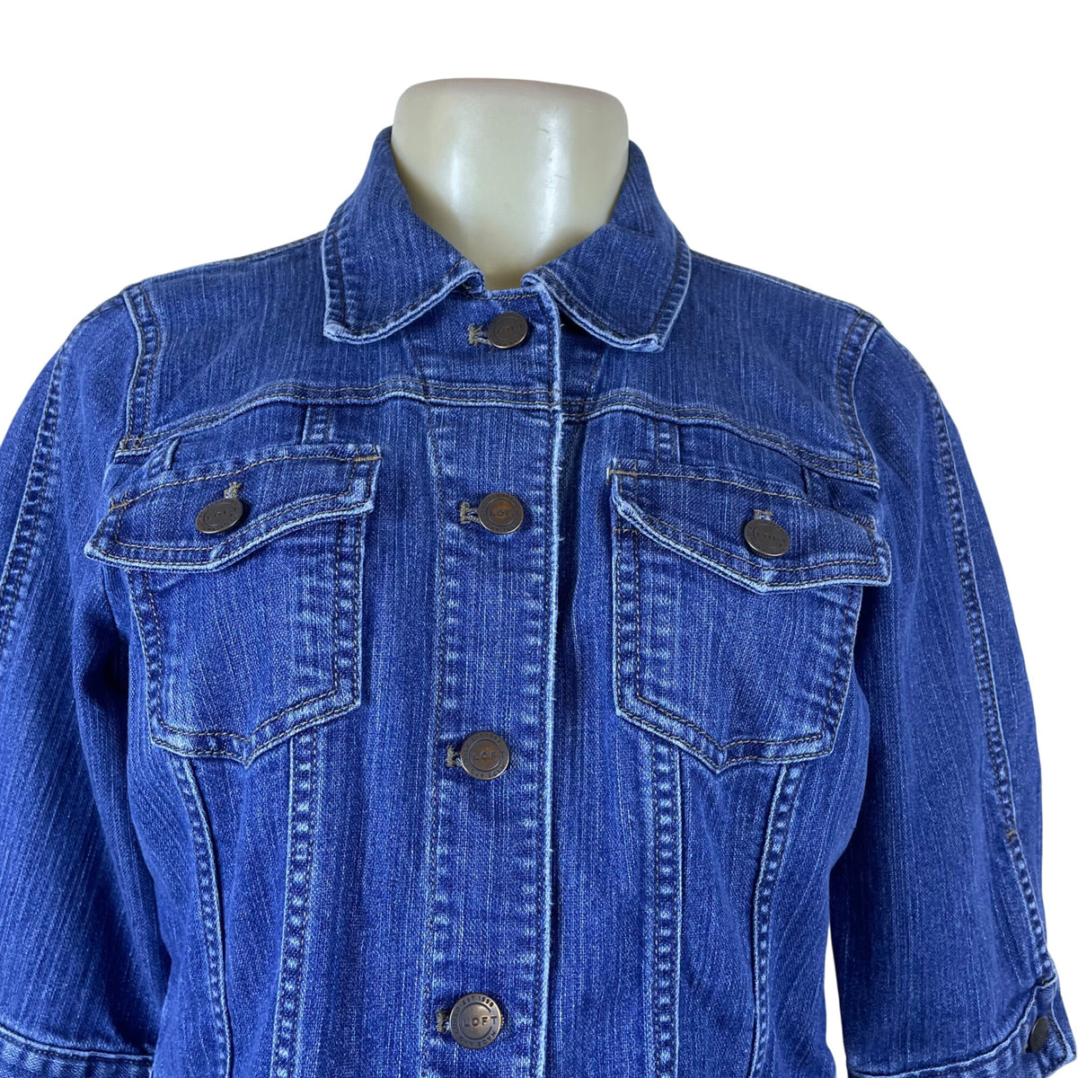 Loft Womens Medium Blue Denim Button Front Cropped Jacket 3/4 Sleeve Cotton