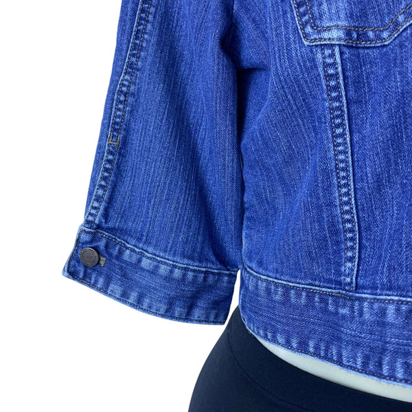 Loft Womens Medium Blue Denim Button Front Cropped Jacket 3/4 Sleeve Cotton