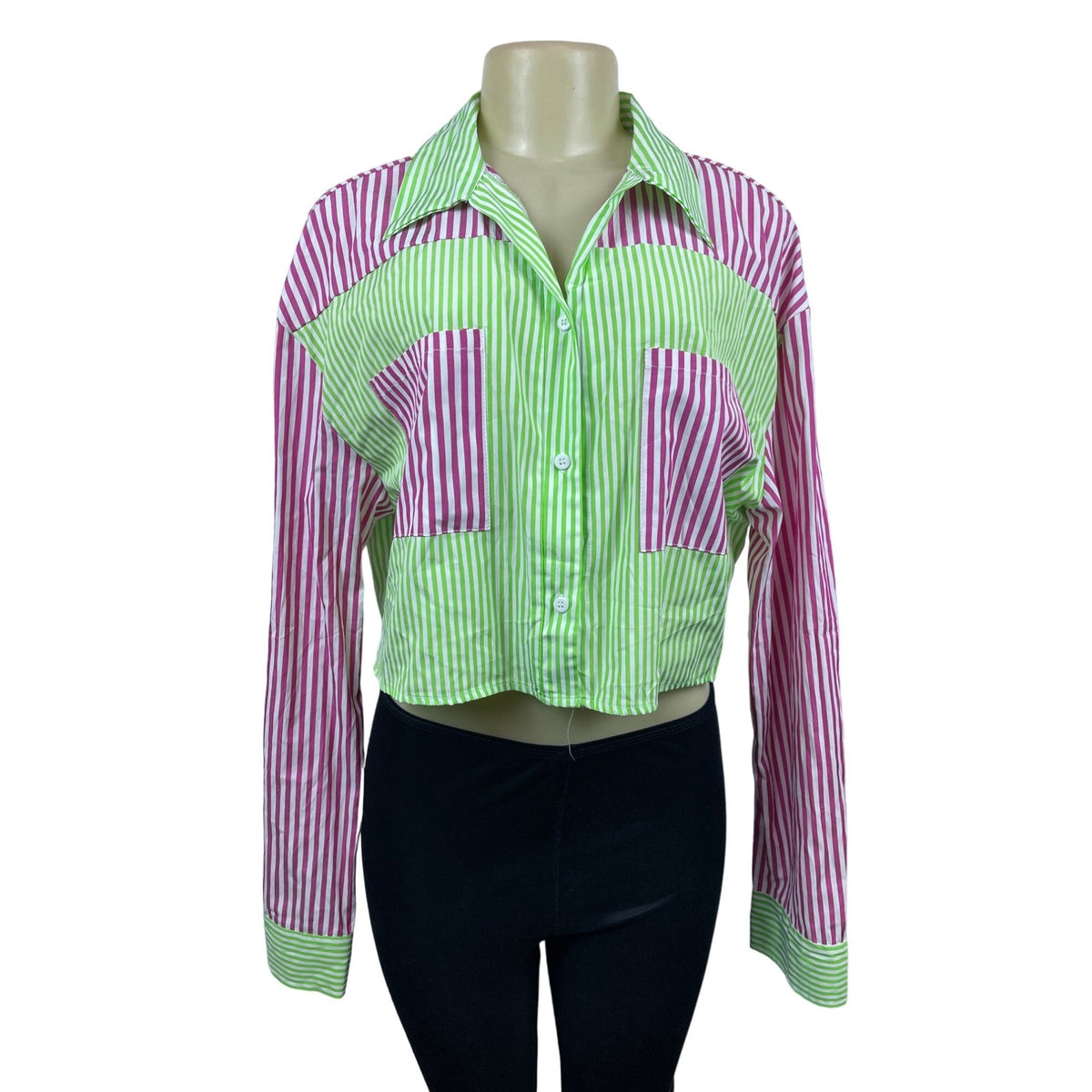 Daisy Women’s Green and Pink Colorblock with Stripes Cropped Blouse Sz 2X NWT