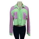 Daisy Women’s Green and Pink Colorblock with Stripes Cropped Blouse Sz 2X NWT
